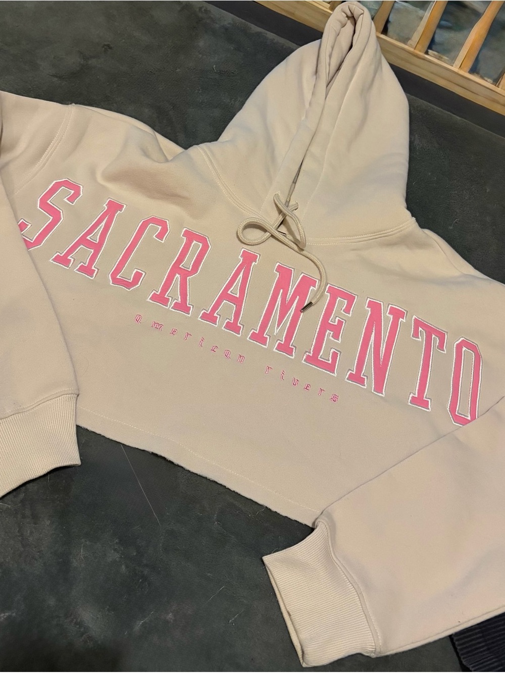 Forever 21 Beige Cropped Hoodie with Pink Sacramento Lettering